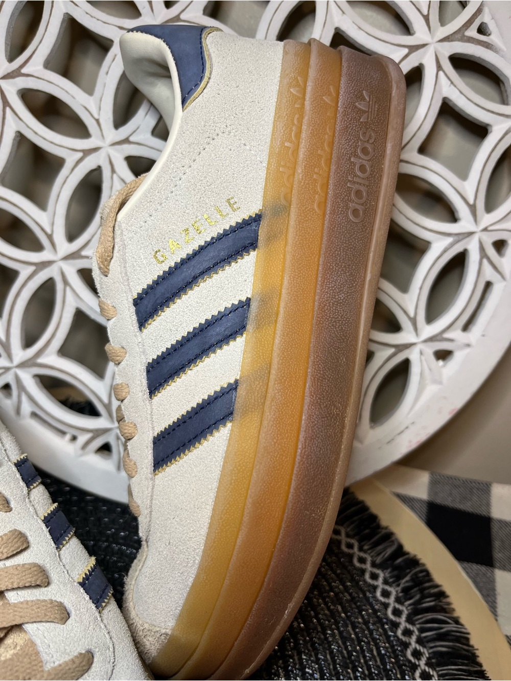 Adidas Gazelle Suede Sneakers in Cream with Navy Stripes - Picture 5 of 12